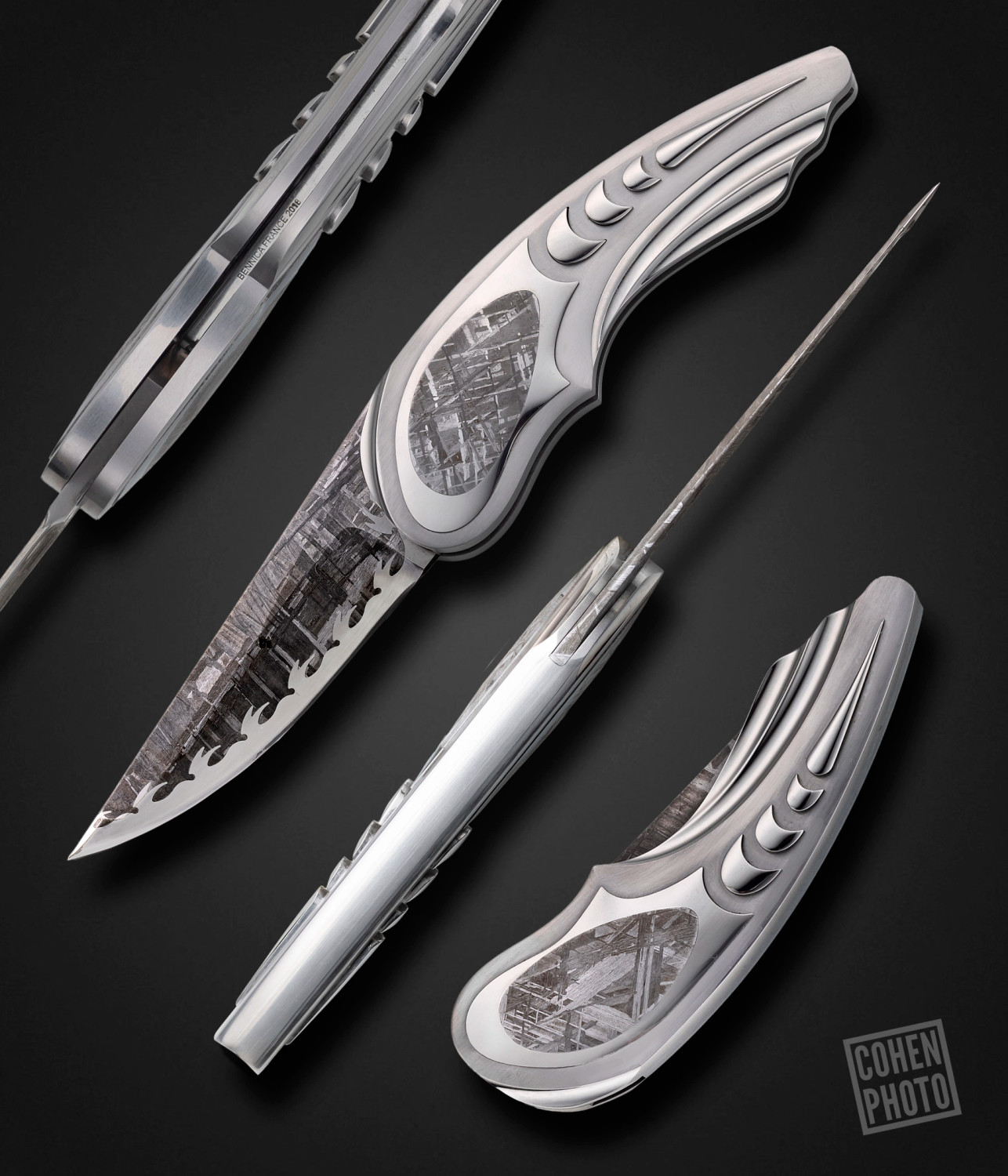 Charles Bennica Custom Knife Meteorite Inlaid Composite Blade Piranha California Opening Folder 16986