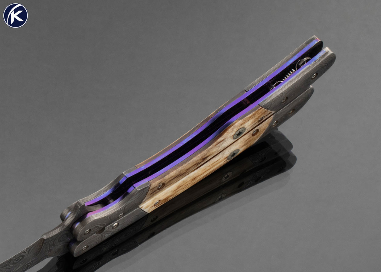 Suchat Jangtanong Custom Knife Balisong Damascus and Bone with Mosaic Pins Butterfly Flipper - Image 7