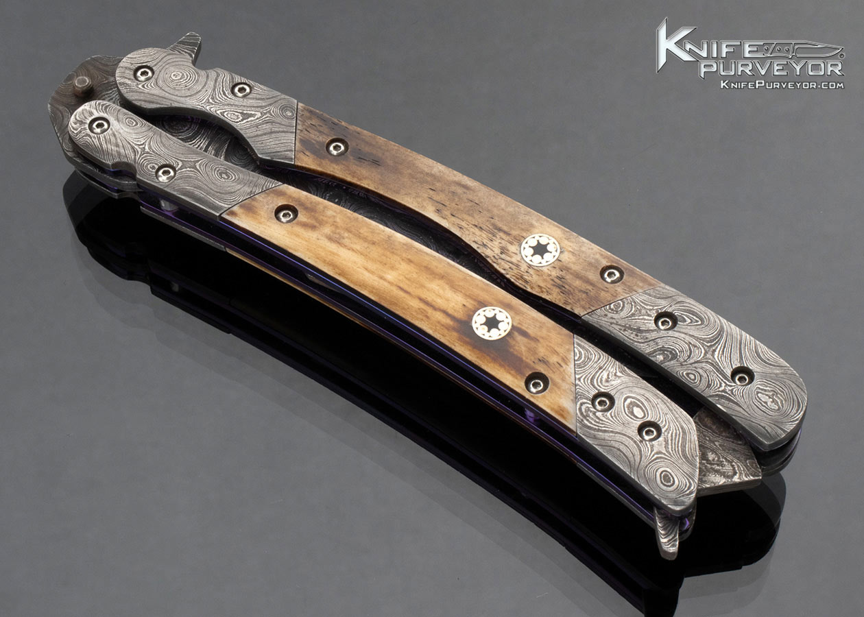 Suchat Jangtanong Custom Knife Balisong Damascus and Bone with Mosaic Pins Butterfly Flipper - Image 4
