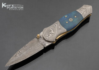 Unknown Maker Custom Knife Blue Dyed Mammoth Ivory and Damascus Linerlock 17002