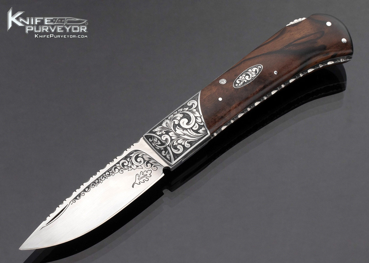 Barry Trindle Custom Knife Engraved Ironwood Lockback with Escutcheon #59 17091
