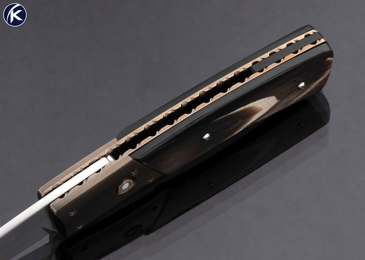 Bill King Custom Knife Buffalo Horn and Titanium Button Lock Automatic - Image 4