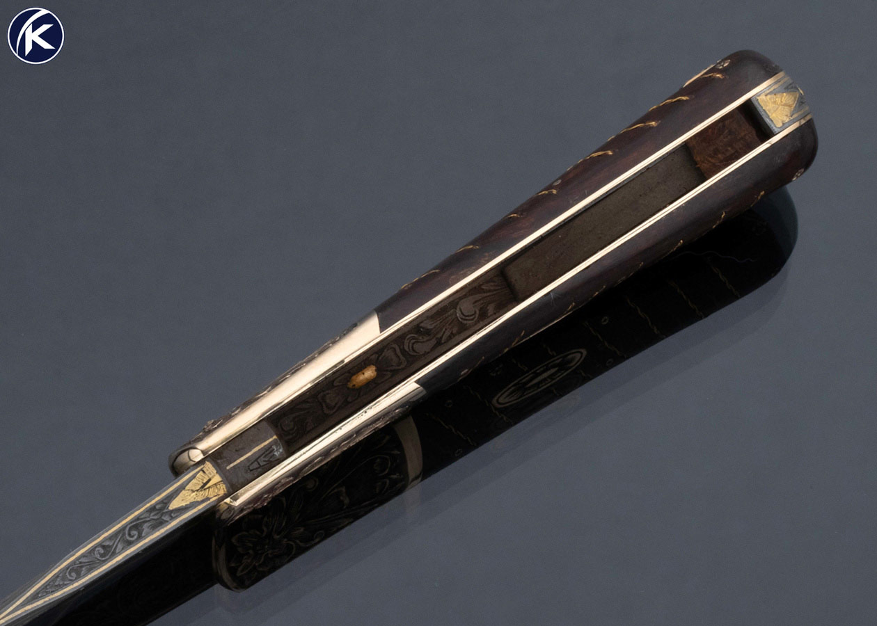 H.H. Frank Custom Knife Sole Authorship Engraved 14Kt Gold Braided Gold Wire Inlaid Desert Ironwood Lockback Dagger 17132