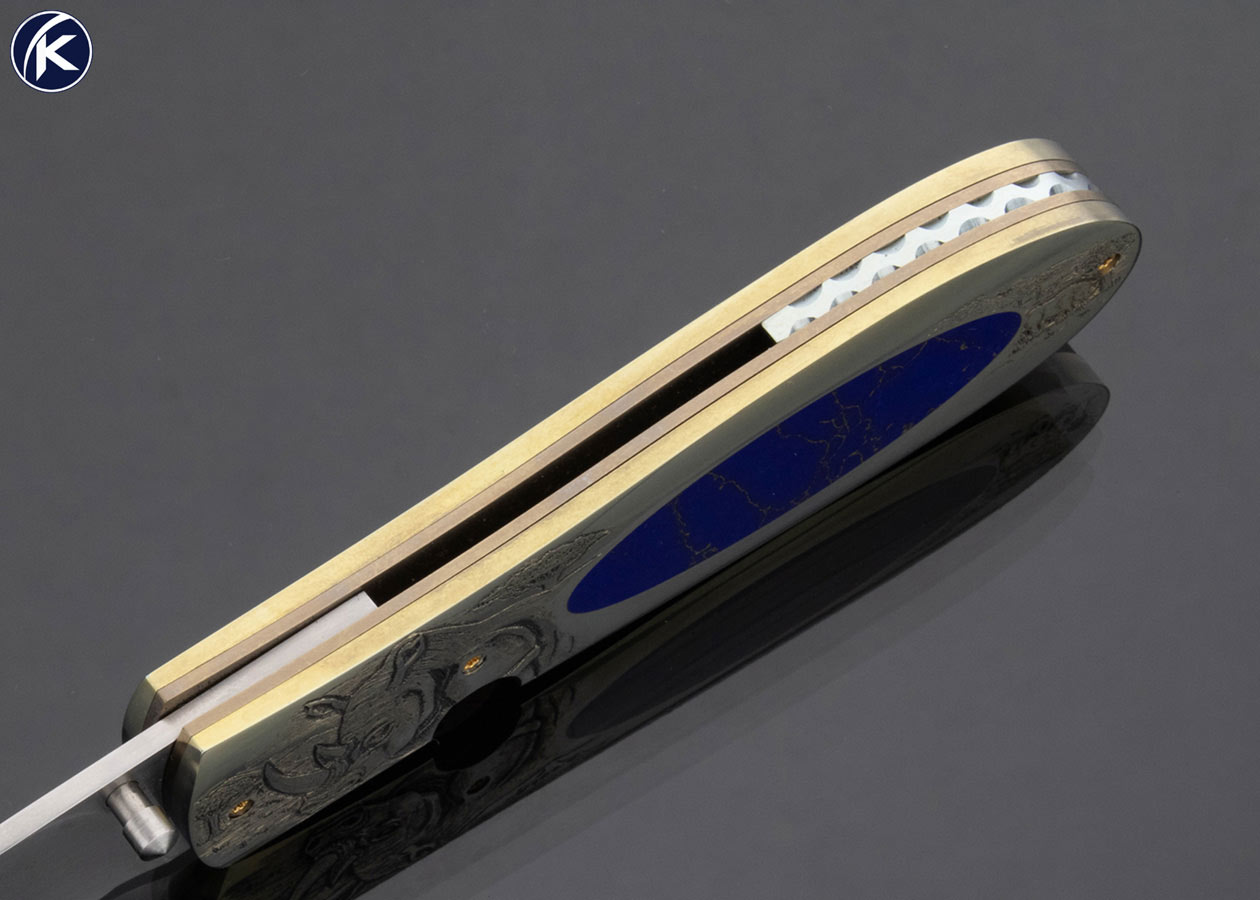 Jim Sornberger Custom Knife Sole Authorship Engraved Rhino Anodized Titanium and Lapis Lazuli Interframe Linerlock - Image 5