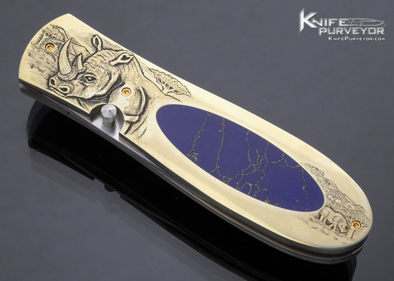 Jim Sornberger Custom Knife Sole Authorship Engraved Rhino Anodized Titanium and Lapis Lazuli Interframe Linerlock 17221
