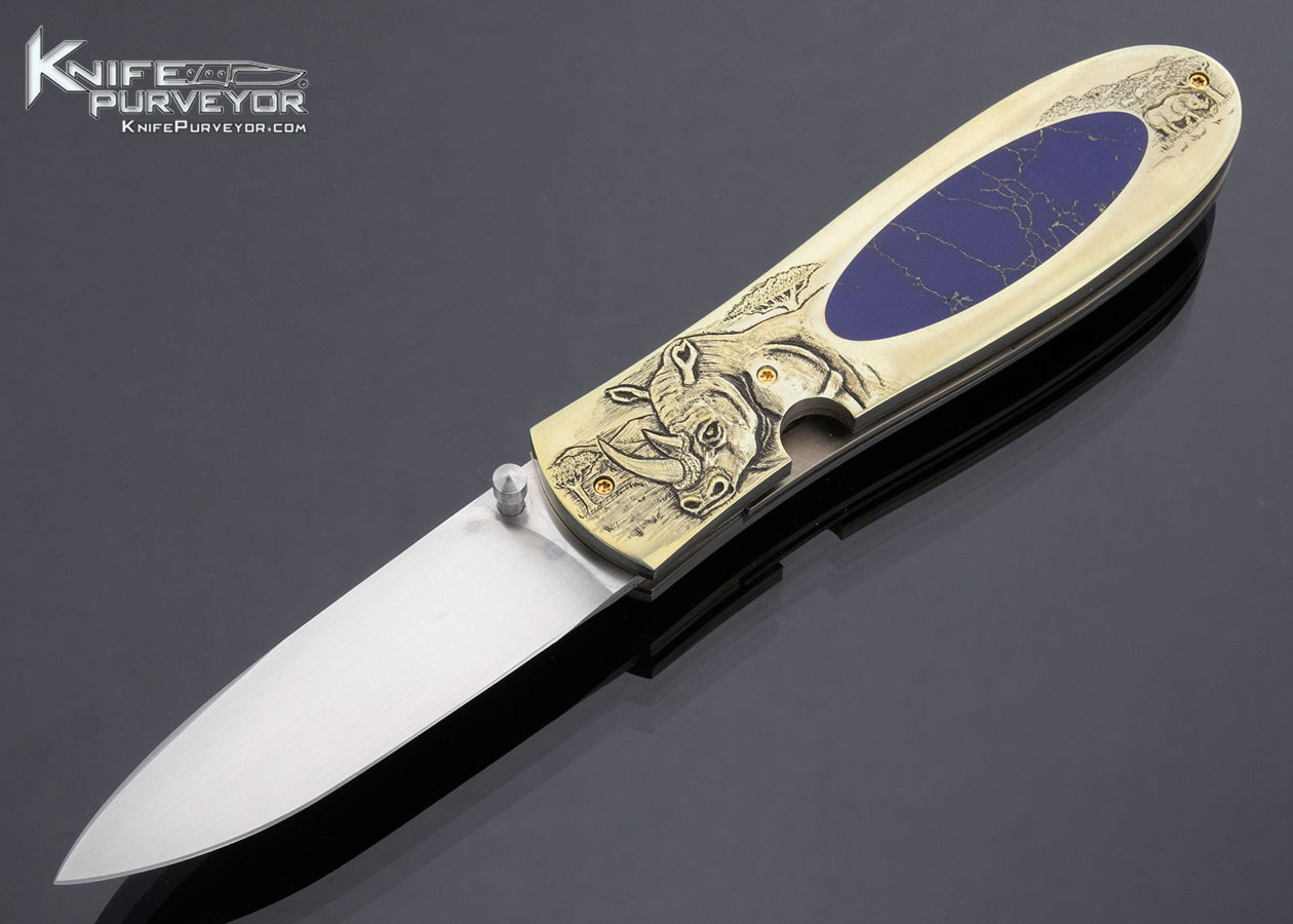 Jim Sornberger Custom Knife Sole Authorship Engraved Rhino Anodized Titanium and Lapis Lazuli Interframe Linerlock 17221