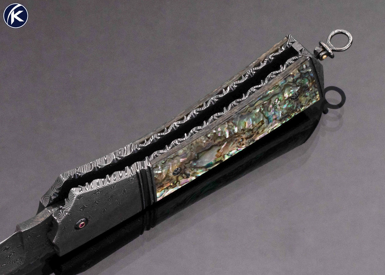 Jerry Rados Custom Knife Sole Authorship Turkish Twist Damascus and Abalone Scale Release Automatic Lockback - Image 5