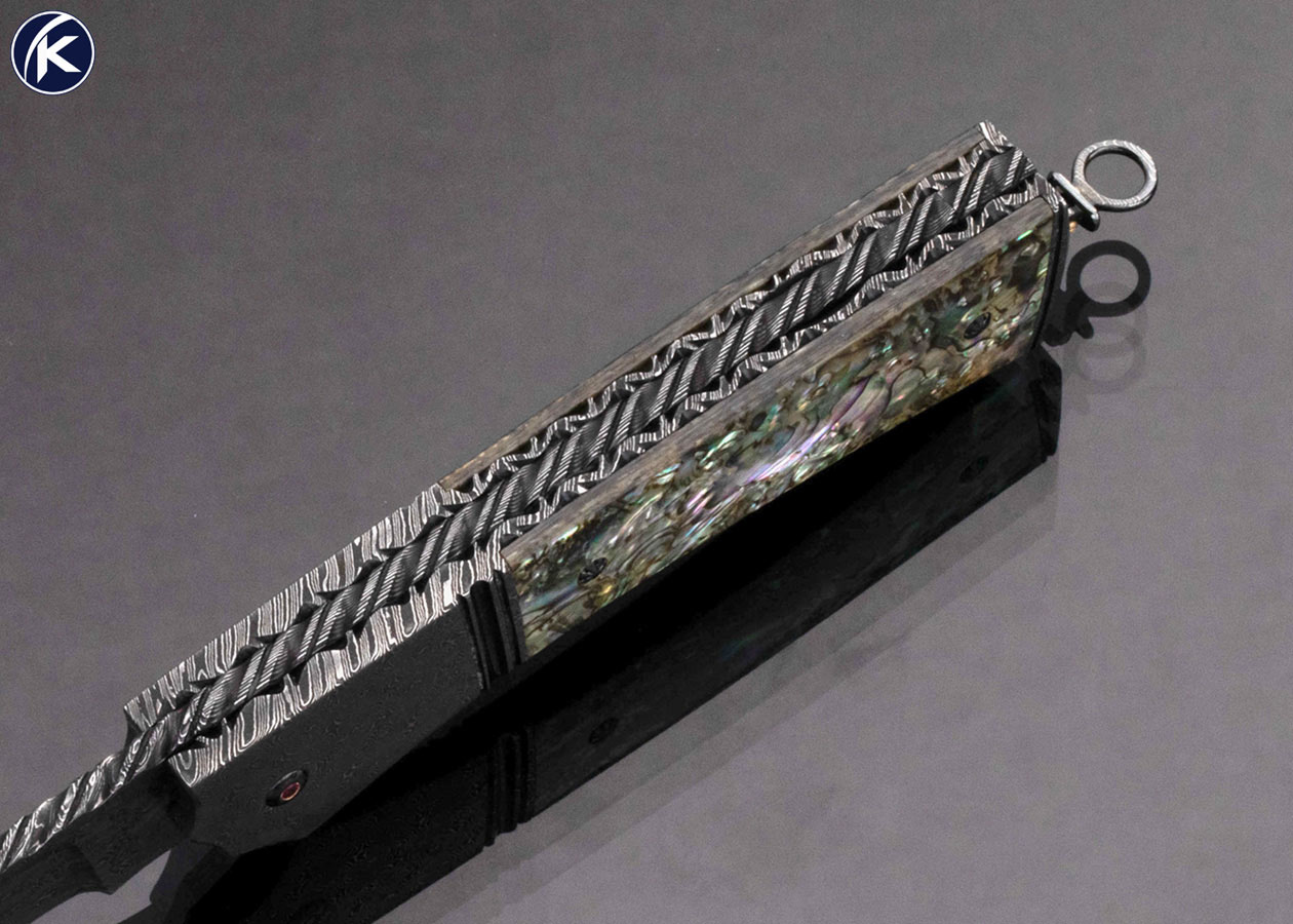 Jerry Rados Custom Knife Sole Authorship Turkish Twist Damascus and Abalone Scale Release Automatic Lockback - Image 4