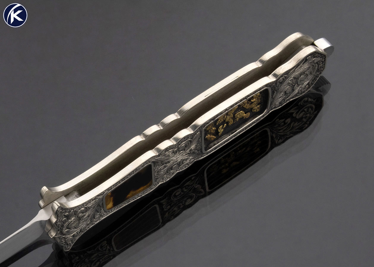 Jim Sornberger Custom Knife Sole Authorship Engraved Antique Silver Folding Tail Lock Dagger with Gold Nugget Inlays - Image 5