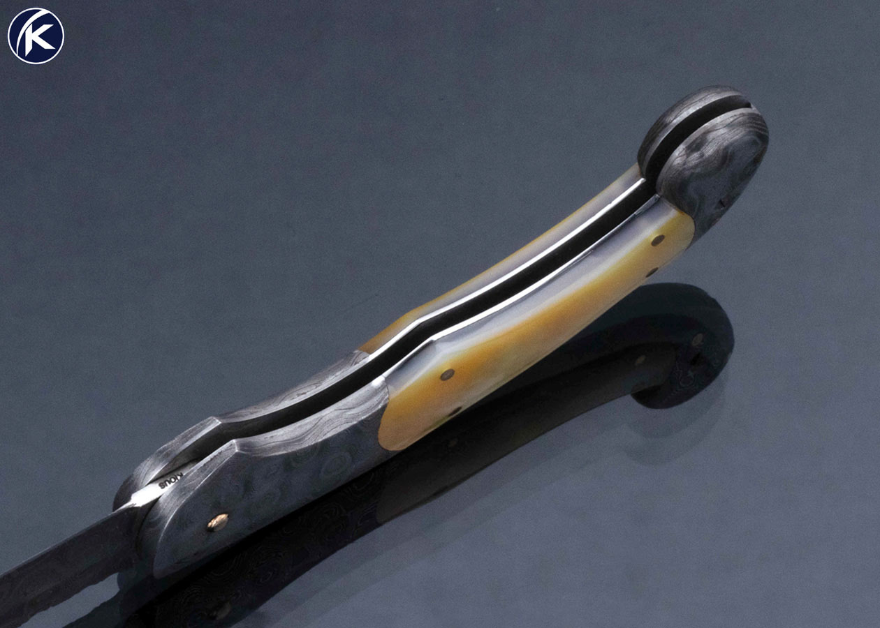 Joe Kious Custom Knife Damascus and Gold Lip Pearl Lockback with Tweezers and 14Kt Gold Toothpick - Image 5