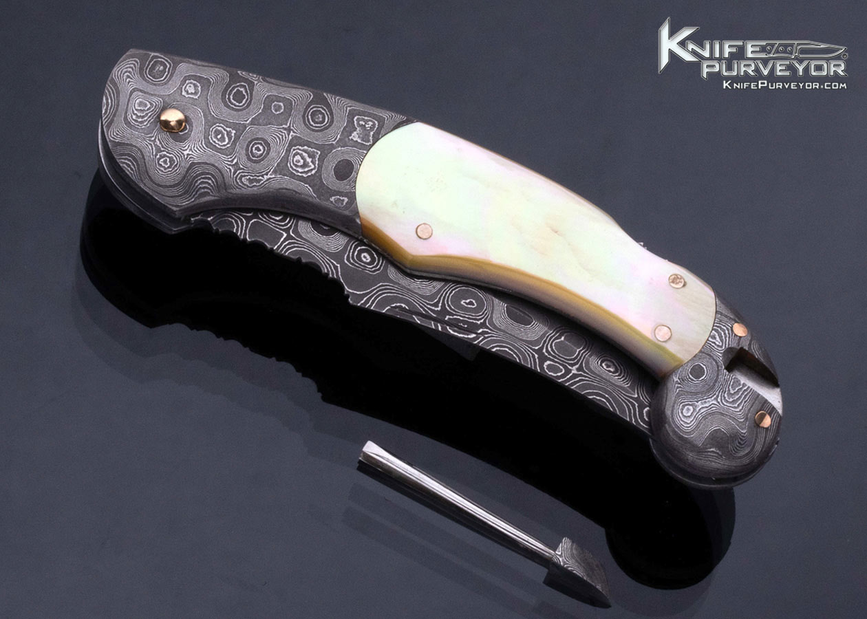 Joe Kious Custom Knife Damascus and Gold Lip Pearl Lockback with Tweezers and 14Kt Gold Toothpick 17141