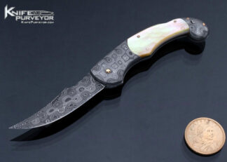 Joe Kious Custom Knife Damascus and Gold Lip Pearl Lockback with Tweezers and 14Kt Gold Toothpick 17141