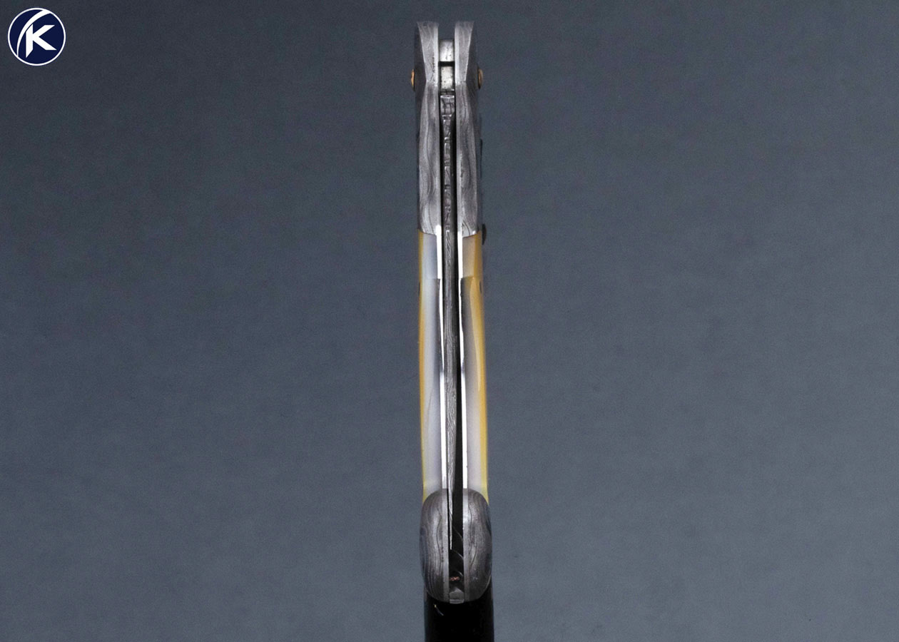 Joe Kious Custom Knife Damascus and Gold Lip Pearl Lockback with Tweezers and 14Kt Gold Toothpick - Image 6