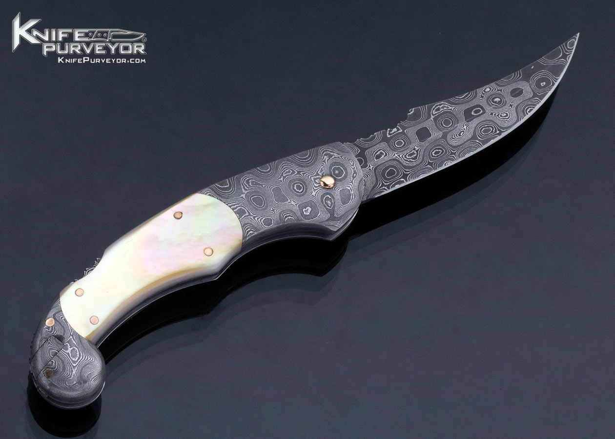 Joe Kious Custom Knife Damascus and Gold Lip Pearl Lockback with Tweezers and 14Kt Gold Toothpick - Image 2