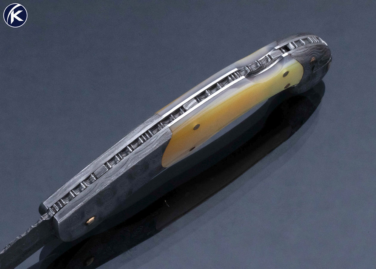 Joe Kious Custom Knife Damascus and Gold Lip Pearl Lockback with Tweezers and 14Kt Gold Toothpick - Image 4
