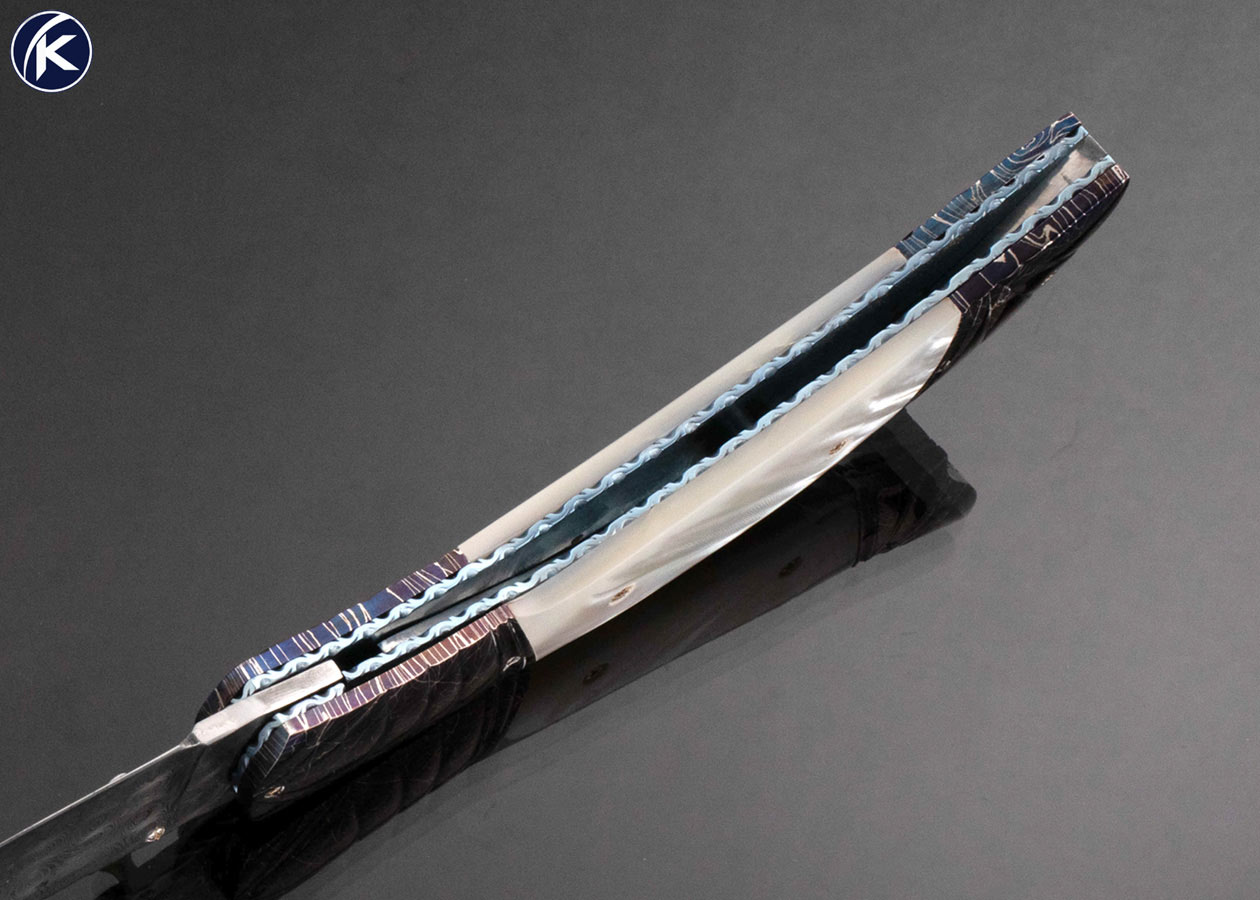 Larry Lunn Custom Knife Blued Damascus and Mother of Pearl Double Action Automatic Linerlock - Image 5