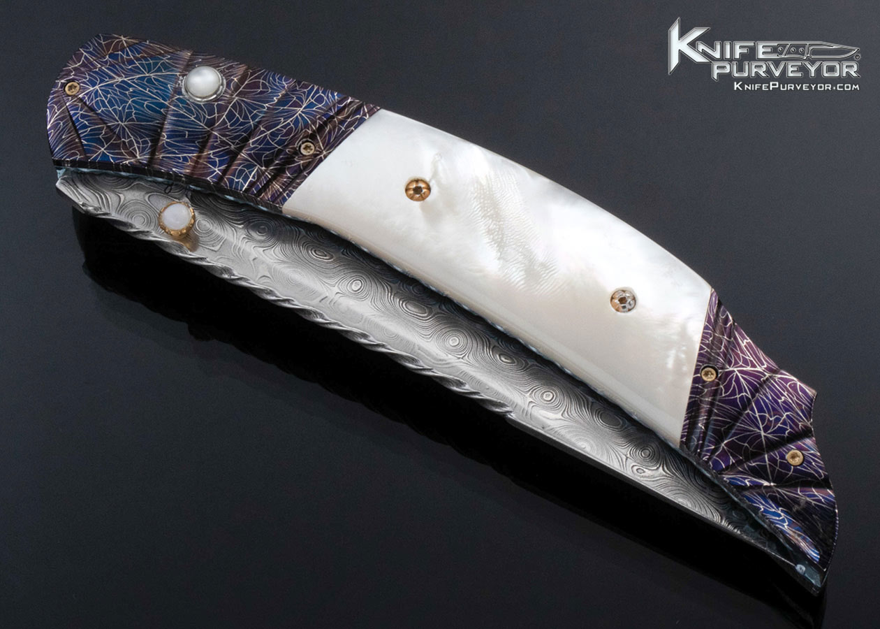 Larry Lunn Custom Knife Blued Damascus and Mother of Pearl Double Action Automatic Linerlock - Image 2