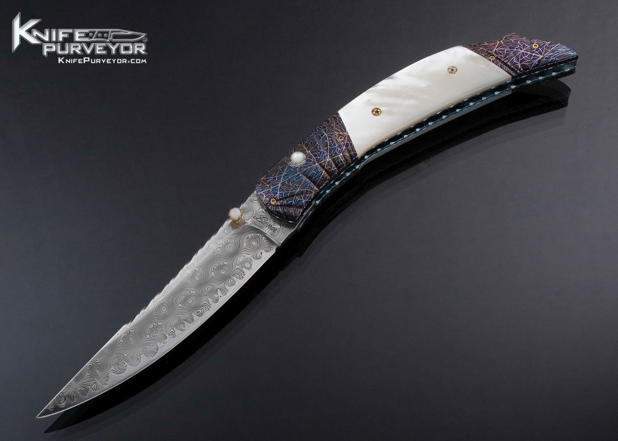 Larry Lunn Custom Knife Blued Damascus and Mother of Pearl Double Action Automatic Linerlock 17150