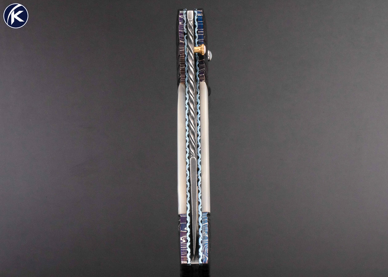 Larry Lunn Custom Knife Blued Damascus and Mother of Pearl Double Action Automatic Linerlock 17150