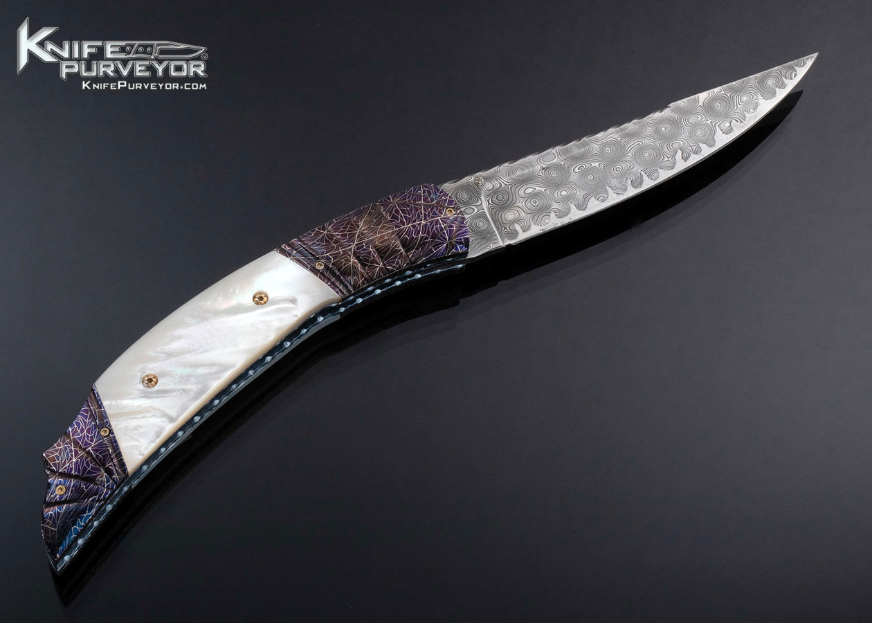 Larry Lunn Custom Knife Blued Damascus and Mother of Pearl Double Action Automatic Linerlock - Image 3