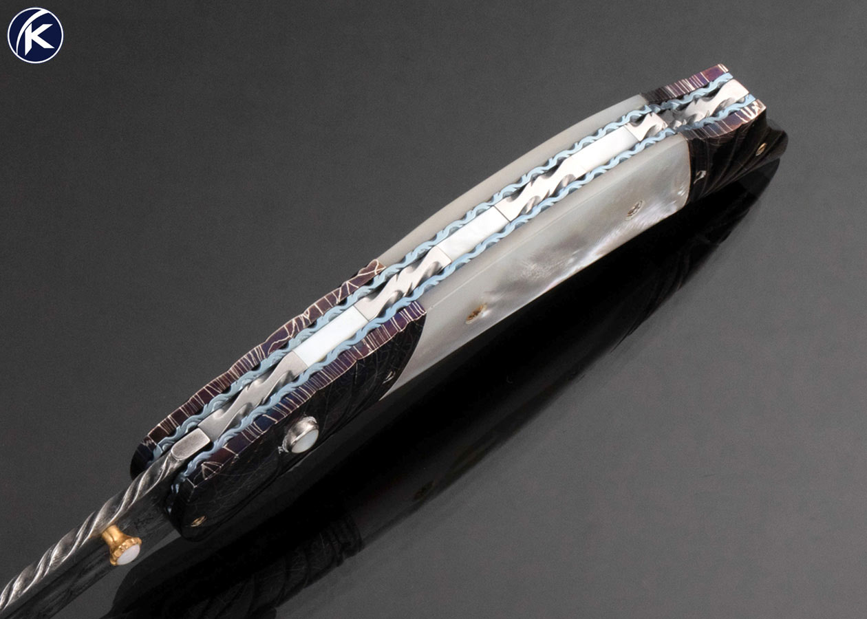 Larry Lunn Custom Knife Blued Damascus and Mother of Pearl Double Action Automatic Linerlock - Image 4
