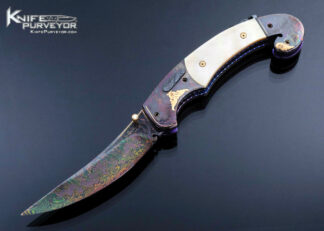 Shaun and Sharla Hansen Custom Knife Blued Sole Authorship Damascus 24Kt Gold Inlaid Gold Lip Pearl Automatic Linerlock 17148
