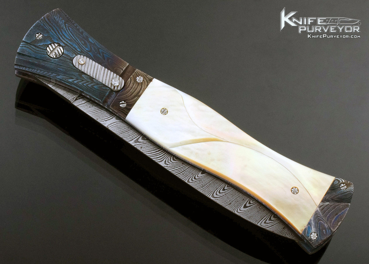 Steven Hill Custom Knife Fluted Gold Lip Pearl and Blued Damascus Automatic Linerlock - Image 2