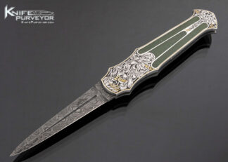 Warren Osborne Custom Knife Mike Norris Damascus Jade Interframe Lockback Automatic Engraved by Lucie Bandikova 17175