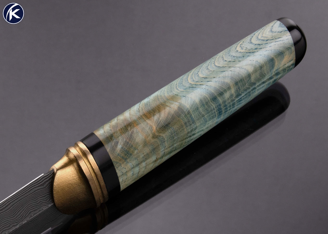 Anders Hogstrom Custom Knife Sole Authorship Damascus Dye Blue Wood and Buffalo Horn Dagger 17271