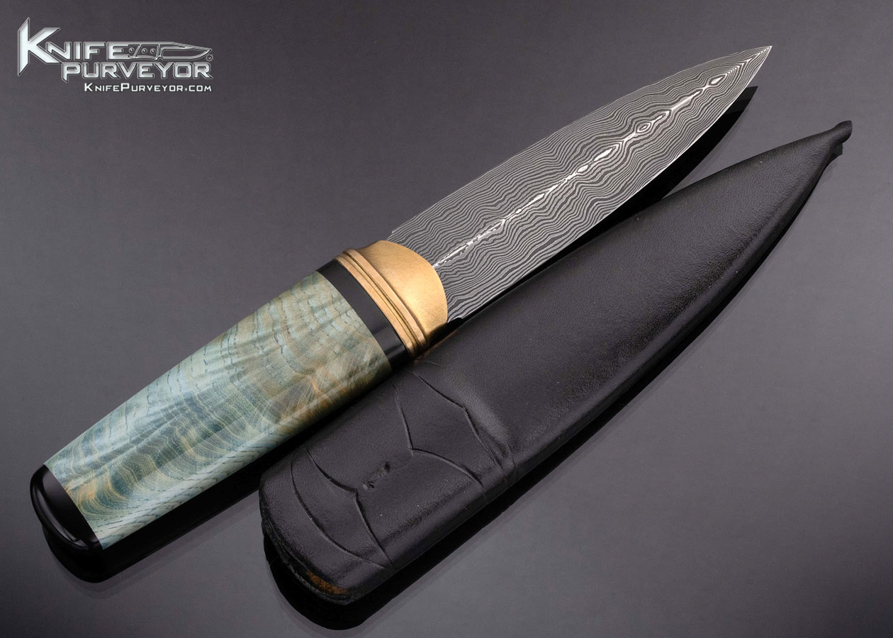 Anders Hogstrom Custom Knife Sole Authorship Damascus Dye Blue Wood and Buffalo Horn Dagger - Image 3