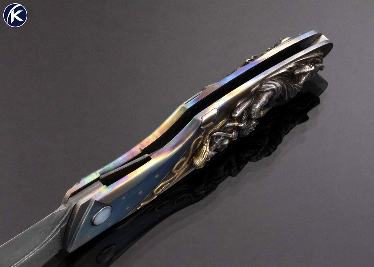 Arpad Bojtos Custom Knife Hand Carved Samson and Deliliah Linerlock - Image 6