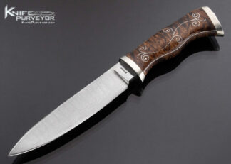 Bill Moran Custom Knife Master Smith Hand Forged Damascus Hunter with Fine Silver Wire Inlaid Flame Maple with Wood Lined Leather Sheath and Half Moon 17182
