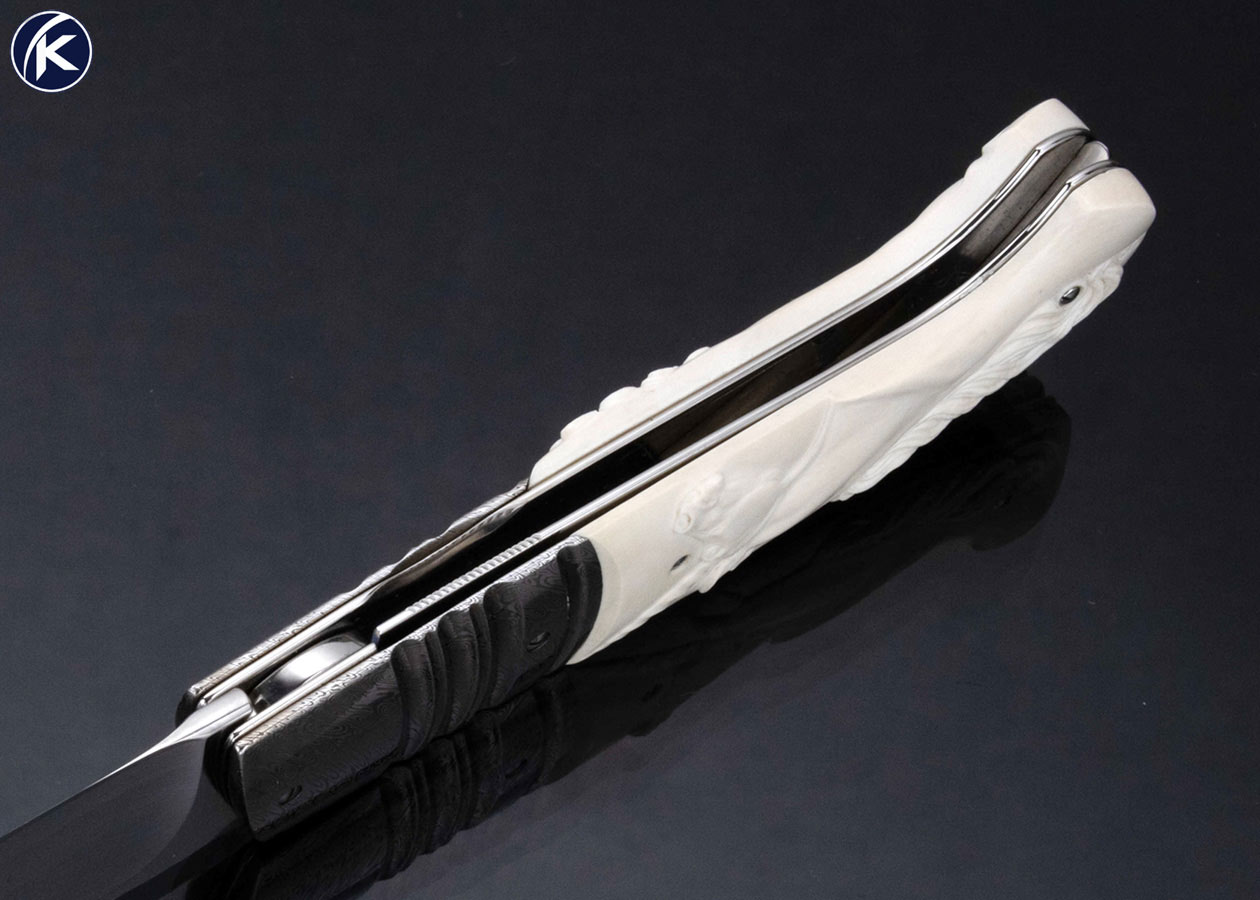 Fabrizio Silvestrelli Custom Knife Unicorn and Nude Carved Mammoth and Damascus Linerlock - Image 6