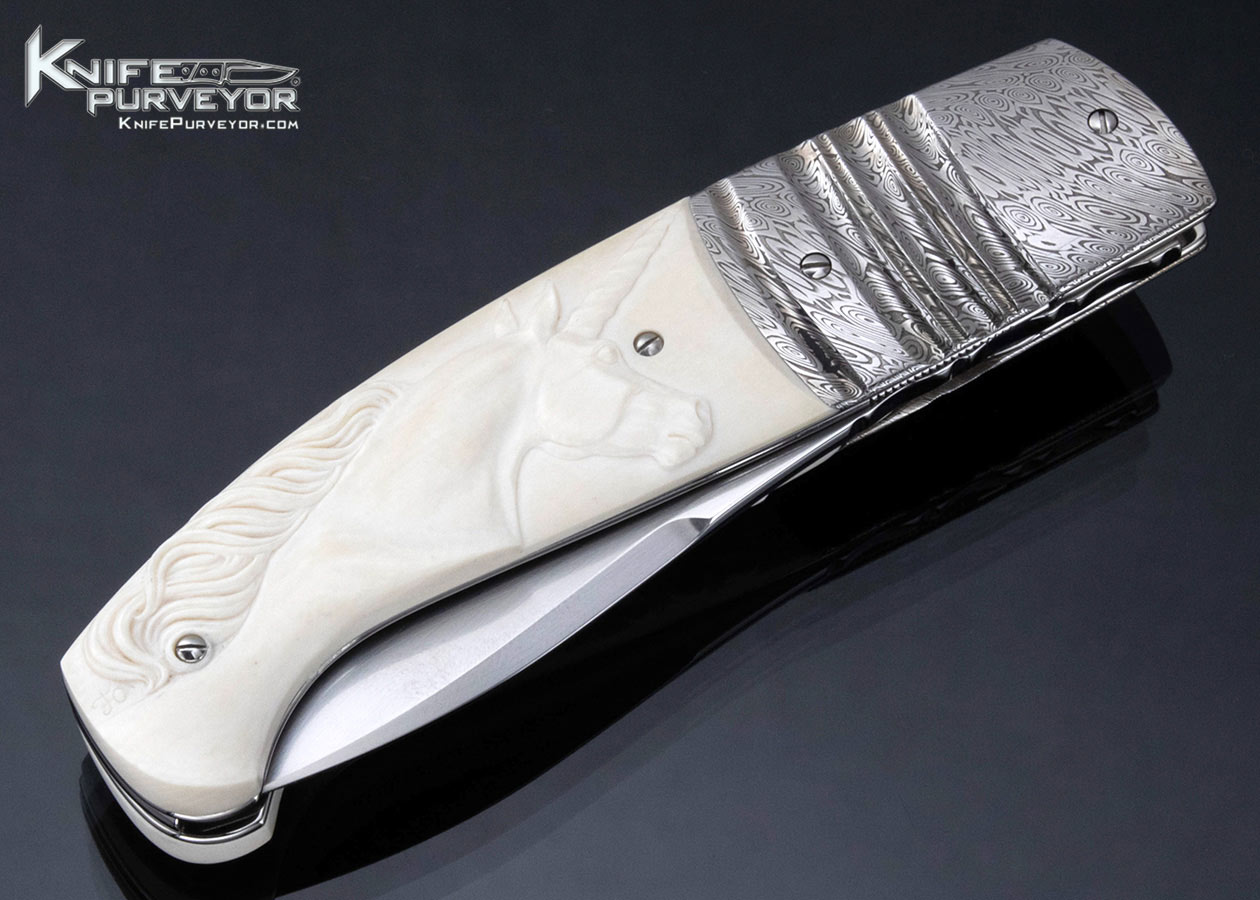 Fabrizio Silvestrelli Custom Knife Unicorn and Nude Carved Mammoth and Damascus Linerlock - Image 4