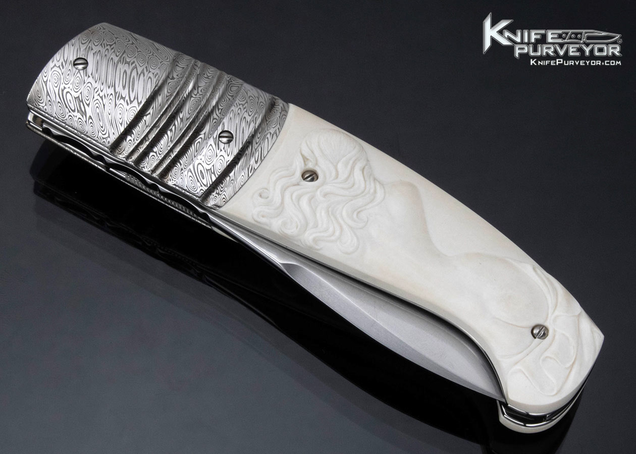 Fabrizio Silvestrelli Custom Knife Unicorn and Nude Carved Mammoth and Damascus Linerlock - Image 2