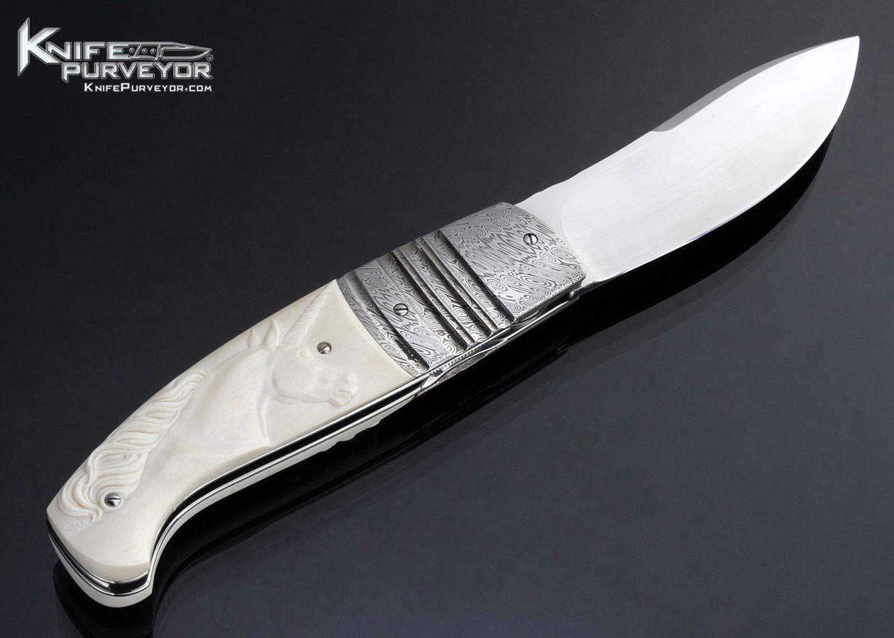 Fabrizio Silvestrelli Custom Knife Unicorn and Nude Carved Mammoth and Damascus Linerlock - Image 3