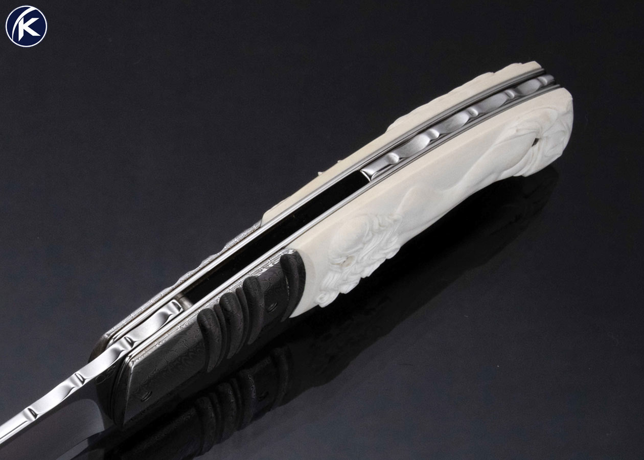 Fabrizio Silvestrelli Custom Knife Unicorn and Nude Carved Mammoth and Damascus Linerlock - Image 5