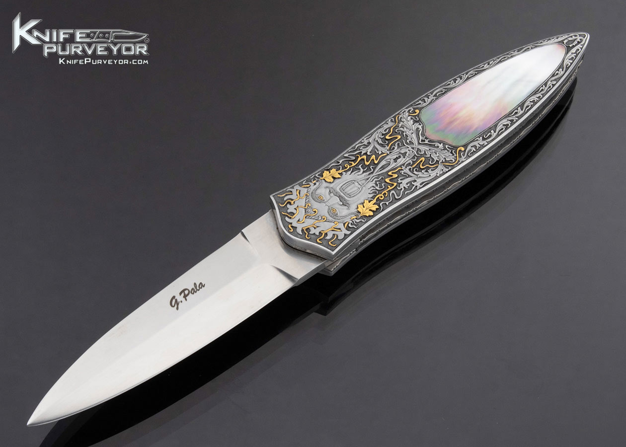 Giuseppe Pala Custom Knife Vitali Quaranta Engraved Black Lip Pearl Interframe Linerlock Dagger 17264