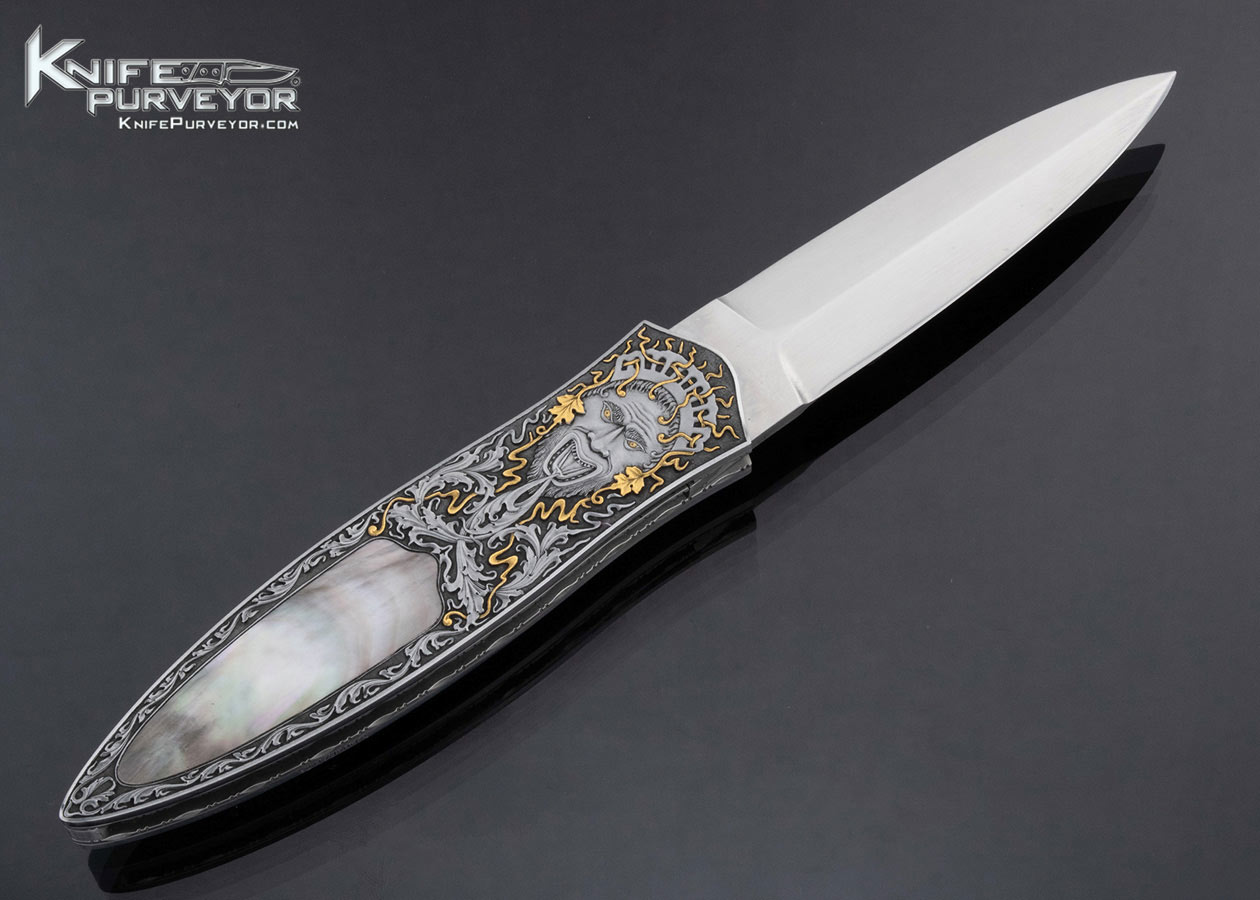 Giuseppe Pala Custom Knife Vitali Quaranta Engraved Black Lip Pearl Interframe Linerlock Dagger - Image 3
