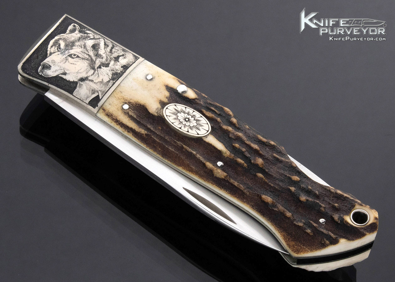 Jess Horn Custom Knife Engraved by Martin Rabeno Stag Lockback - Image 2