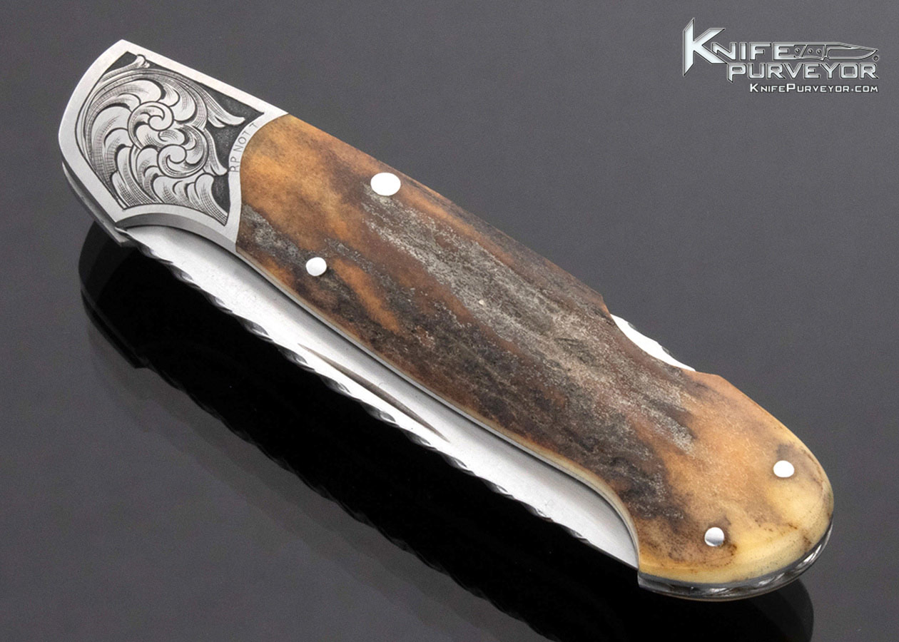 Joe Kious Custom Knife Ron Nott Engraved Stag Lockback - Image 2