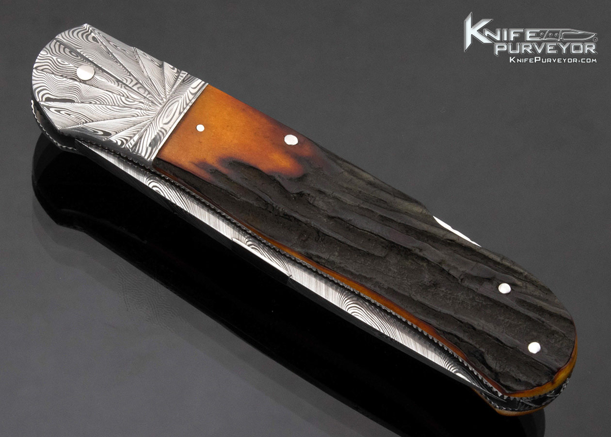 Ken Steigerwalt Custom Knife Damascus and Amber Stag Lockback - Image 2