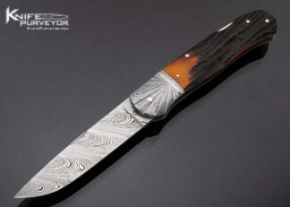 Ken Steigerwalt Custom Knife Damascus and Amber Stag Lockback 17235