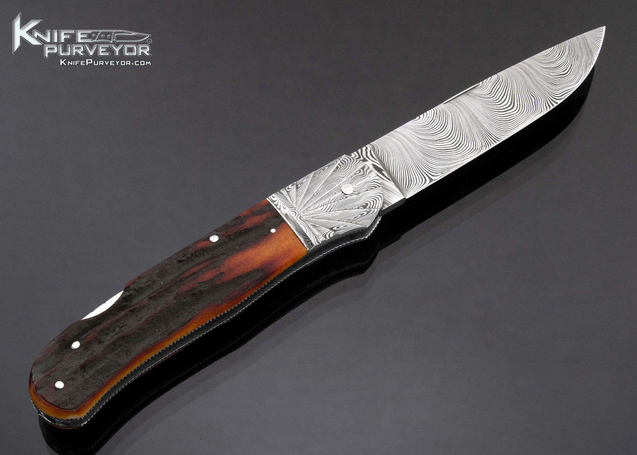 Ken Steigerwalt Custom Knife Damascus and Amber Stag Lockback - Image 3