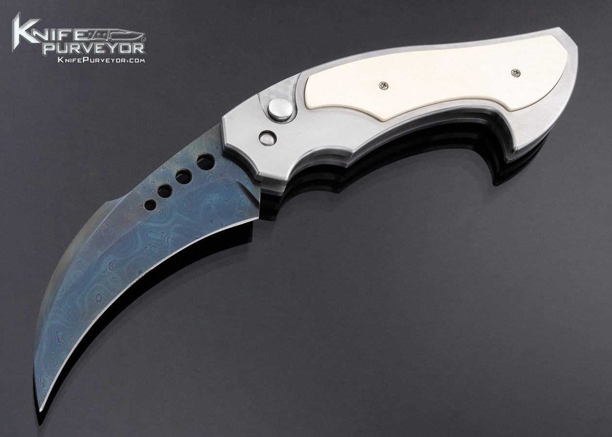 Reese Weiland Custom Knife Blued Damascus and Mammoth Button Release Automatic Rastor 17302