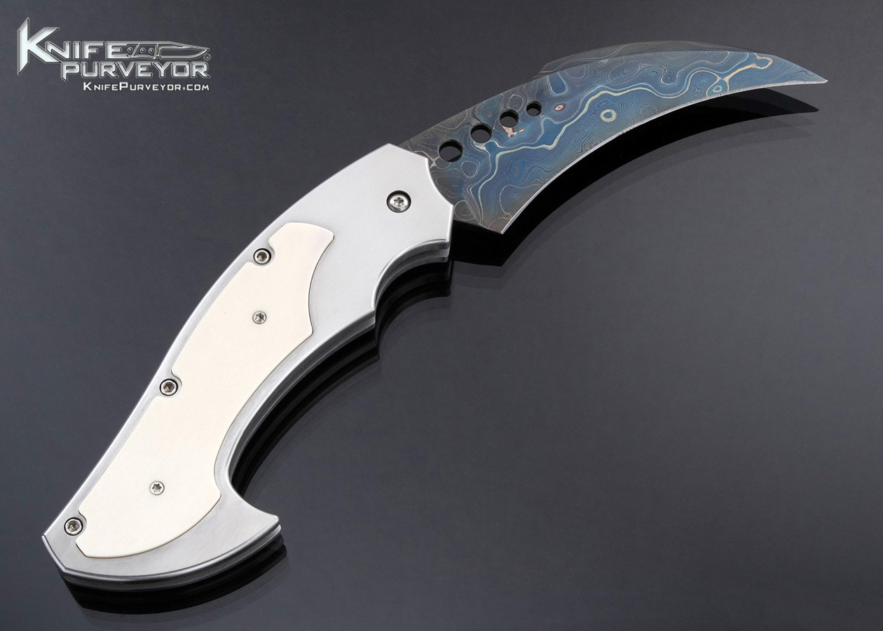 Reese Weiland Custom Knife Blued Damascus and Mammoth Button Release Automatic Rastor - Image 3