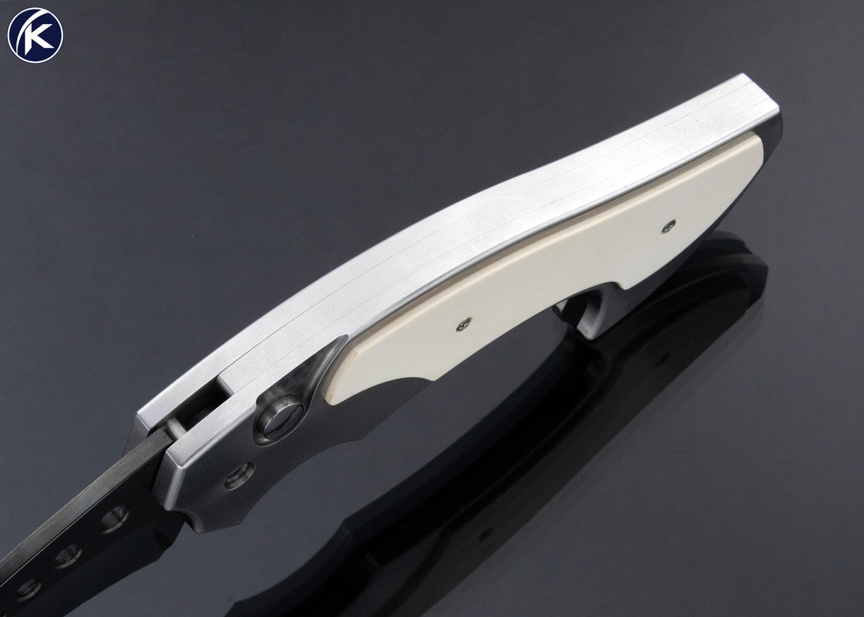 Reese Weiland Custom Knife Blued Damascus and Mammoth Button Release Automatic Rastor - Image 4