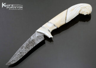 Roger Bergh Custom Knife Old Man Carved Walrus and Sole Authorship Damascus Fixed Blade with Sheath 17275