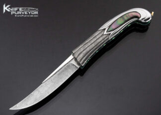 Stephen Olszewski Custom Knife Carved Damasteel and Stainless Steel with Black Lip Tahitian Pearl Shell Inlay "Tulip" Linerlock 17236