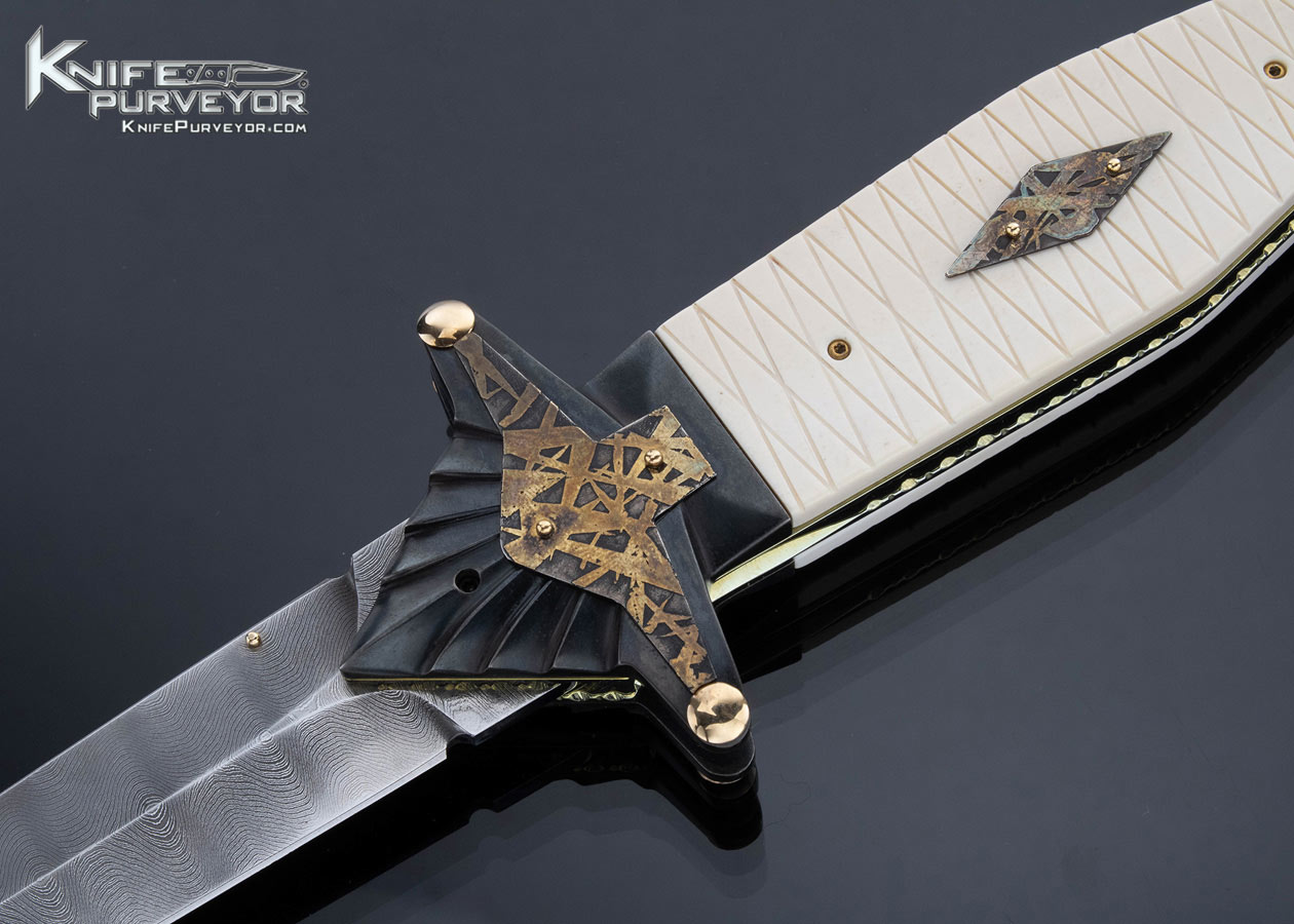 Van Barnett Custom Knife Sole Authorship Damascus Linerlock Textured Mammoth Dagger - Image 2